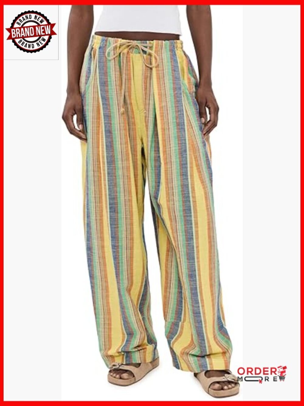 Women's Linen Wide Leg Pants Mid Rise Drawstring Stripe
